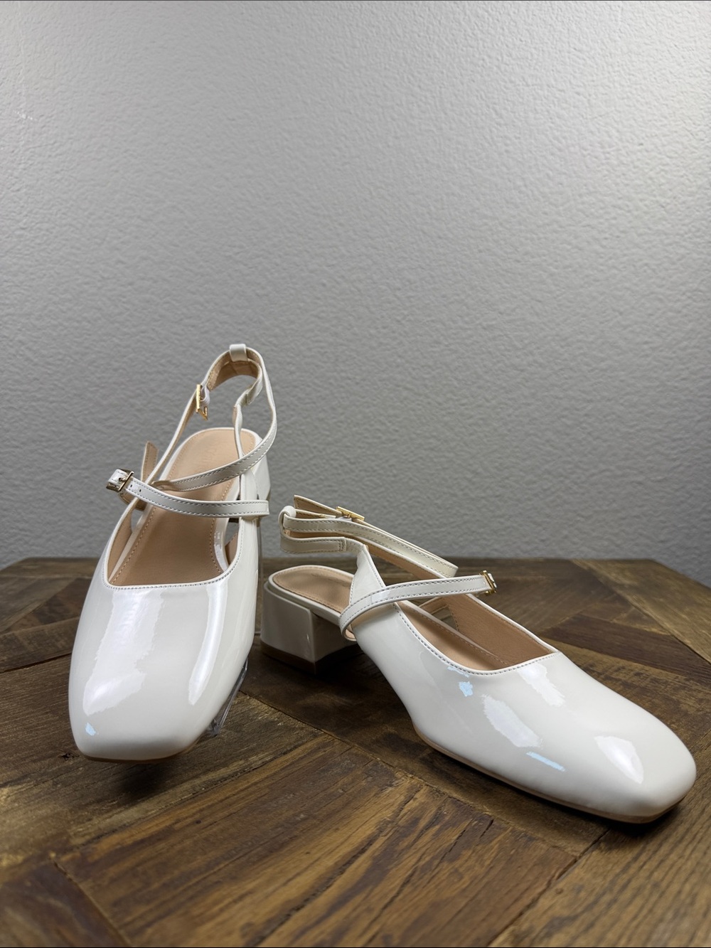 Size 7.5 Coutgo Patent White Mary Jane Low Block Heel with Ankle Straps